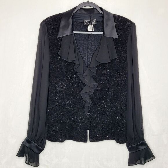 Alex Evenings Tops - Alex Evenings Black Glitter Ruffle Button Down Top Size XL